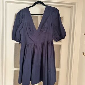 Deep V Puff Sleeve Mini Dress in Navy